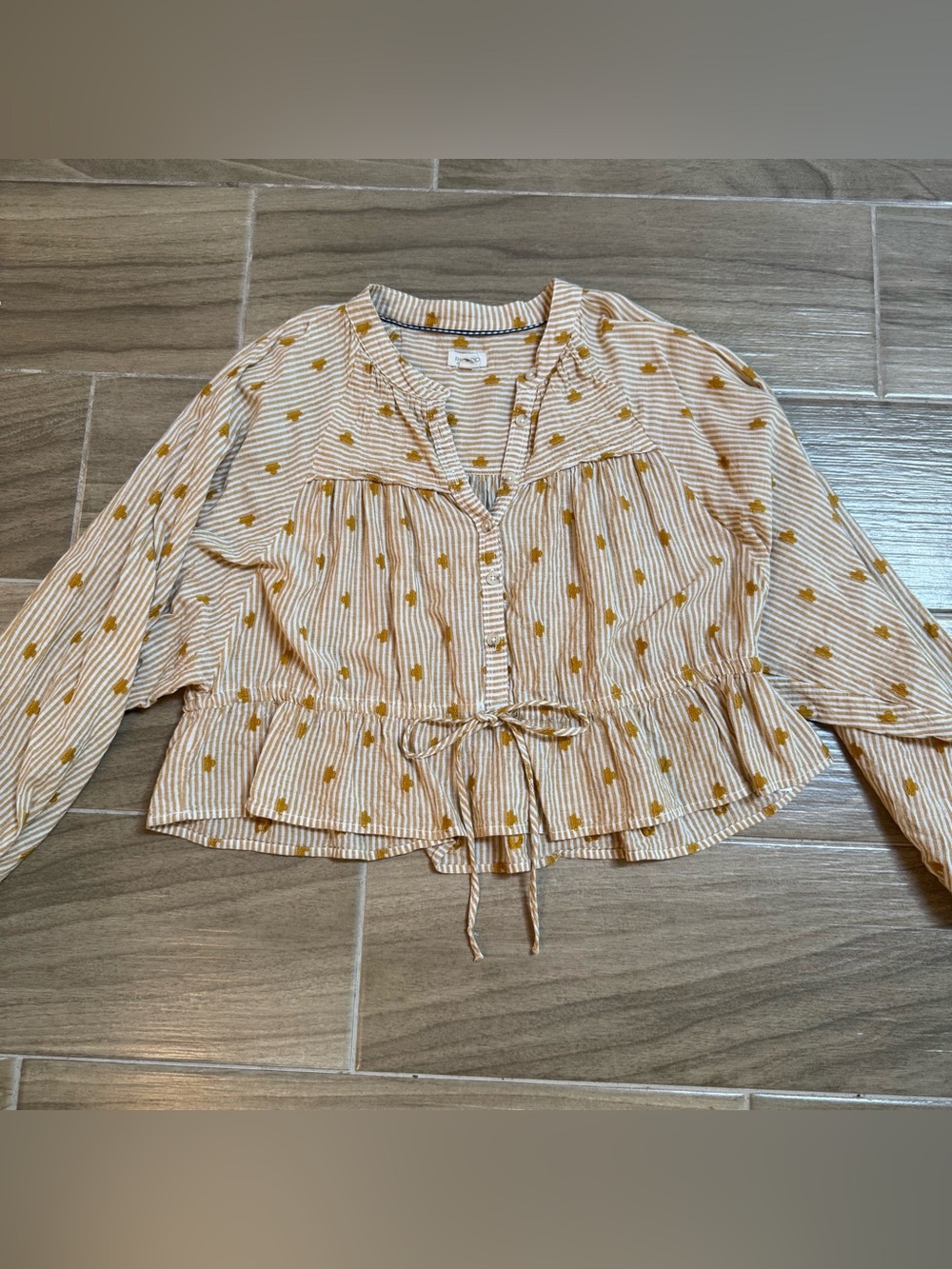 Pilcro Striped Button-Front Peplum Top in Cream and Mustard